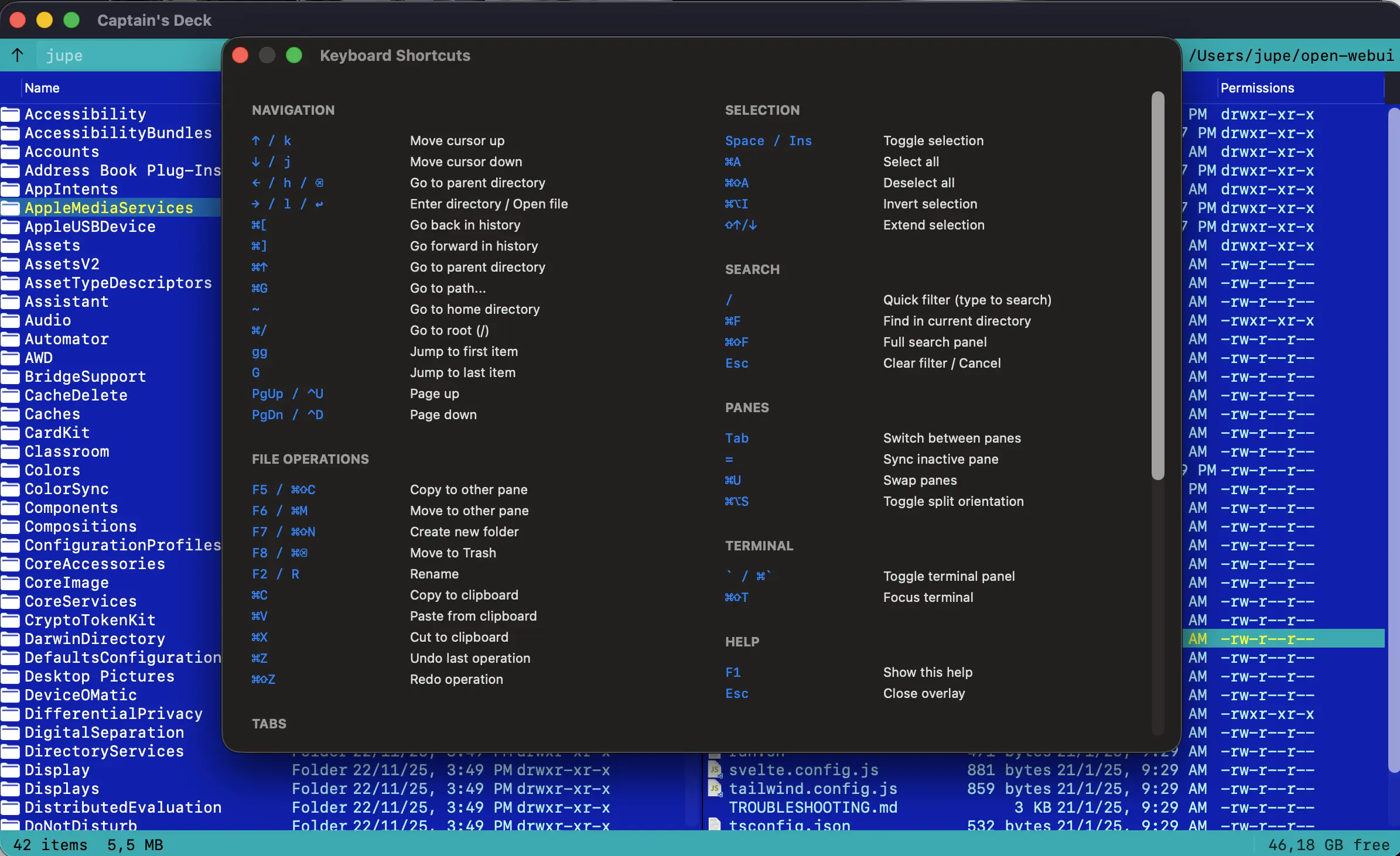 Captain's Deck running with keyboard shortcuts visible
