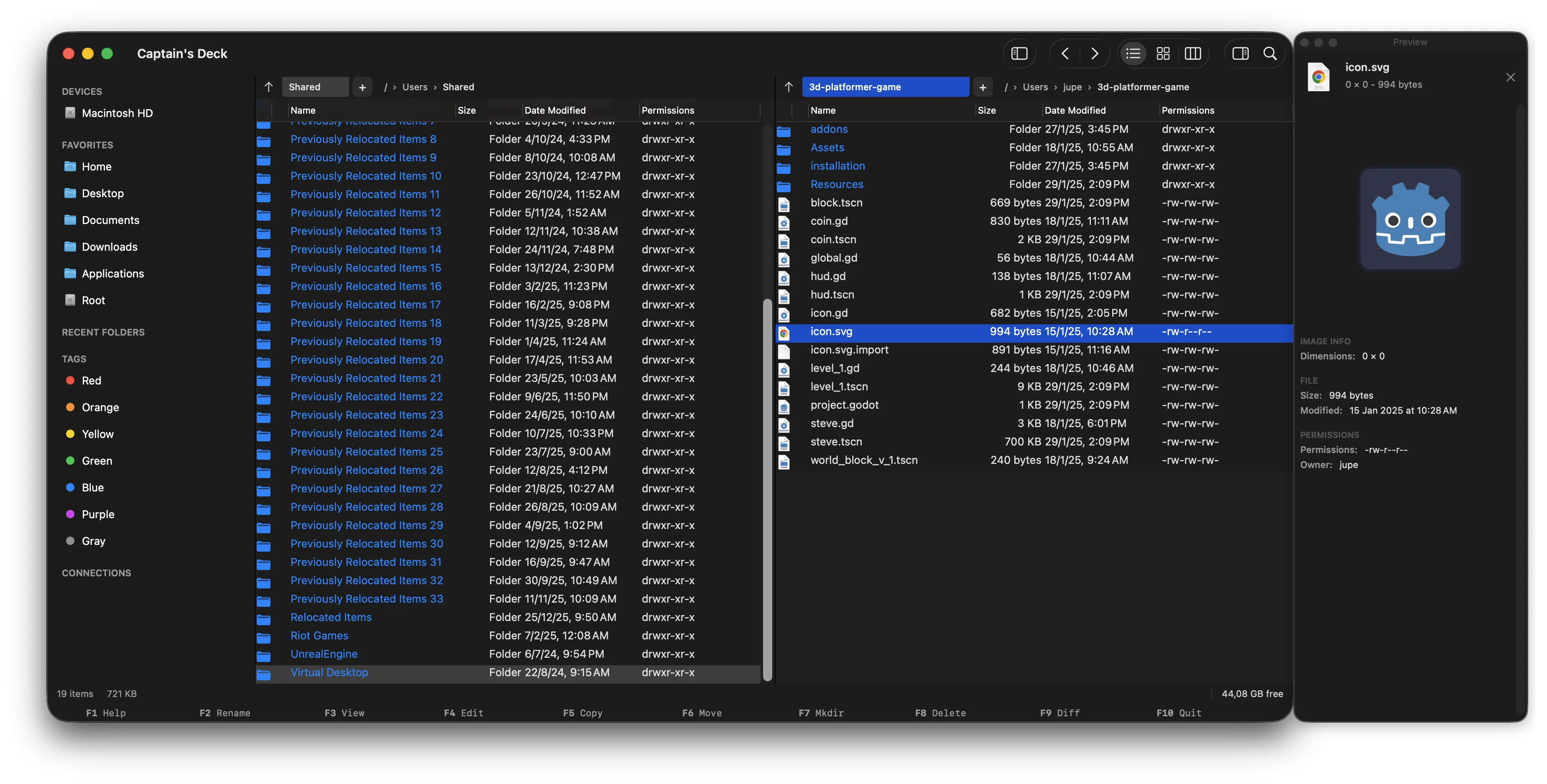 Captain's Deck dual-pane file manager interface