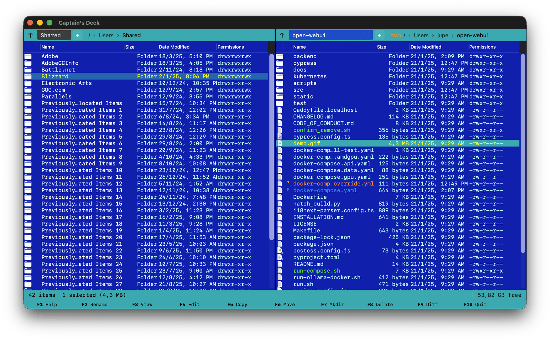 Captain's Deck running the Norton Commander theme — dual-pane file manager for Mac with blue background, cyan accents, and the classic F1–F10 function-key strip
