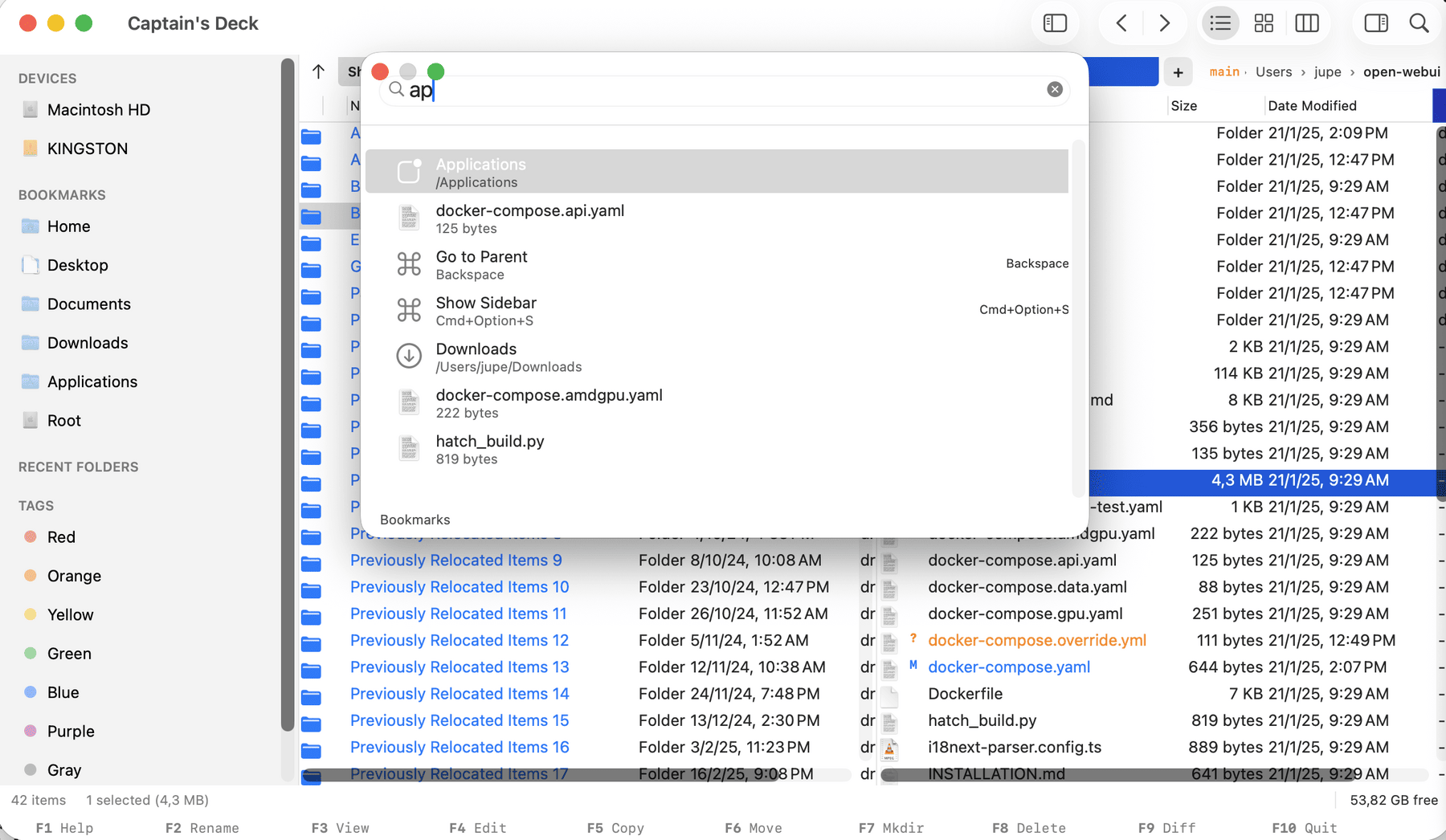 Captain's Deck Quick Open palette — fuzzy file and command picker (⌘P) in the dual-pane Mac file manager