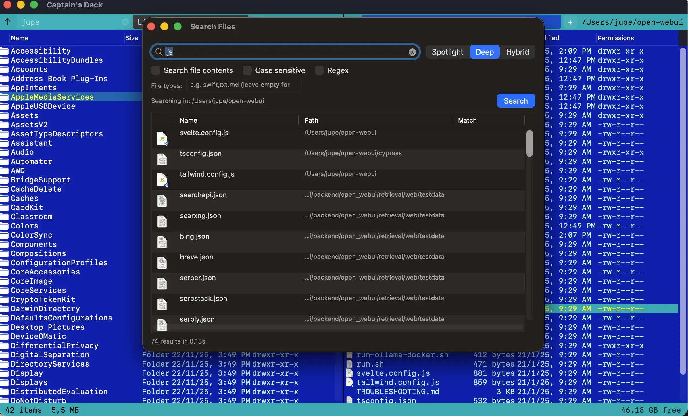 Captain's Deck search dialog with live results