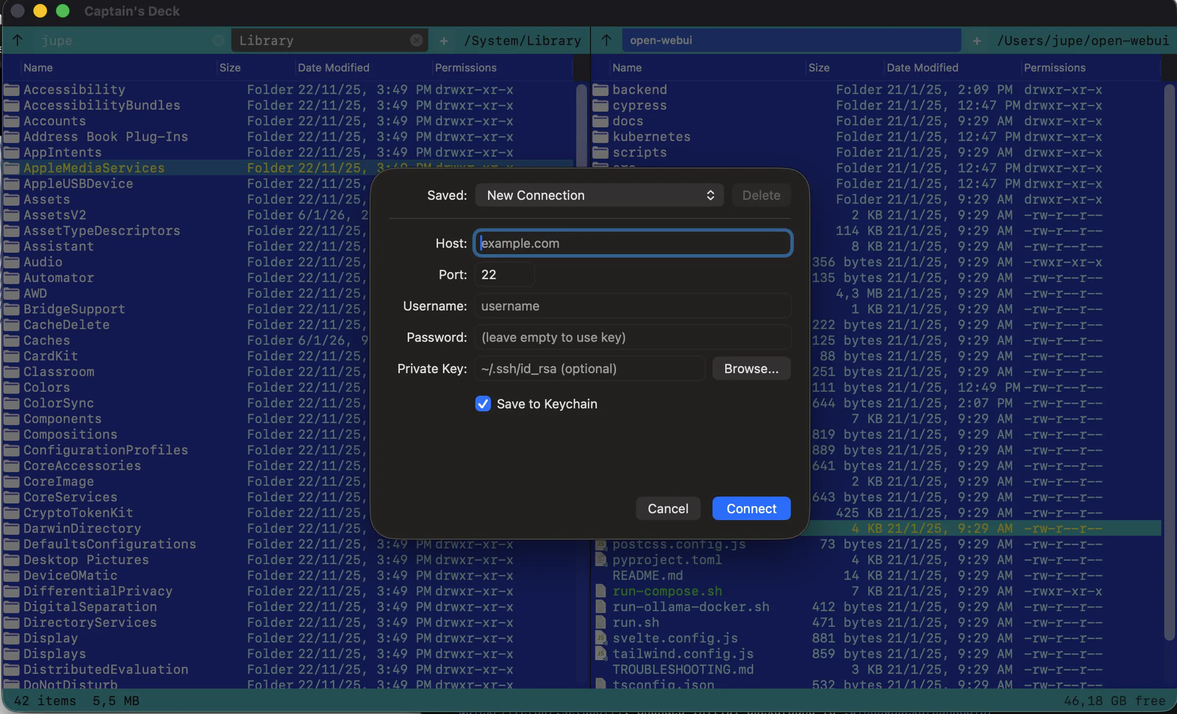 SFTP connection dialog showing host, user, key path, and saved connections