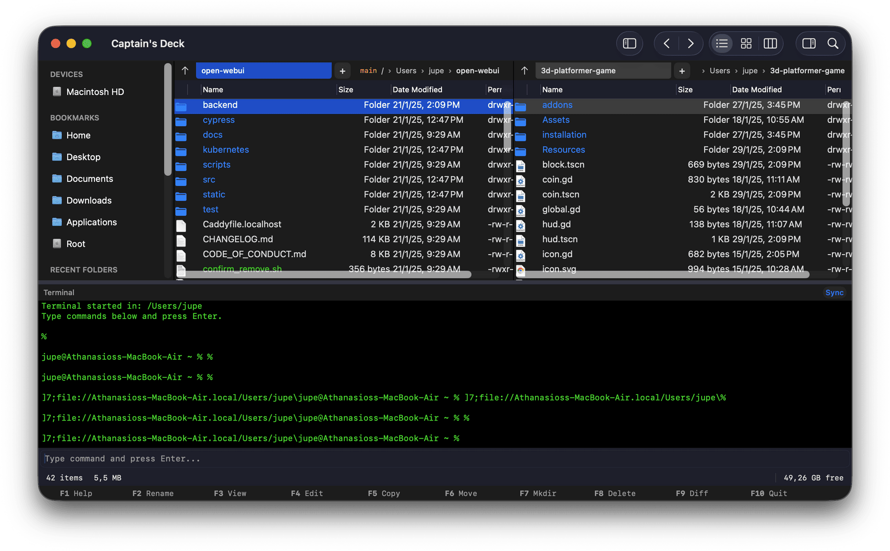 Captain's Deck dual-pane file manager for Mac with the embedded PTY terminal at the bottom — bidirectional cwd sync via OSC 7