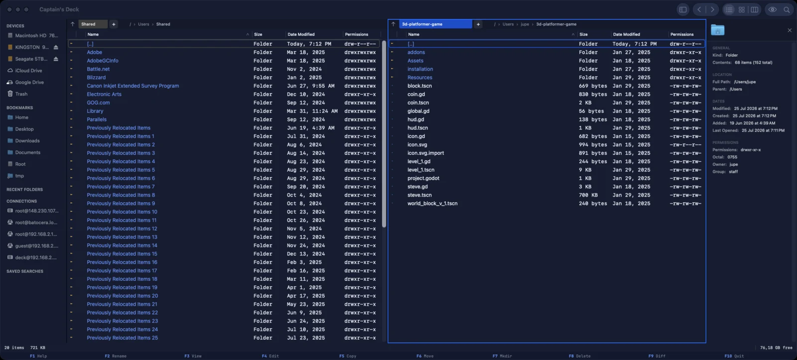 Captain's Deck in the Bridge theme — deep-navy panes with monospaced type and blue accents, matching this website