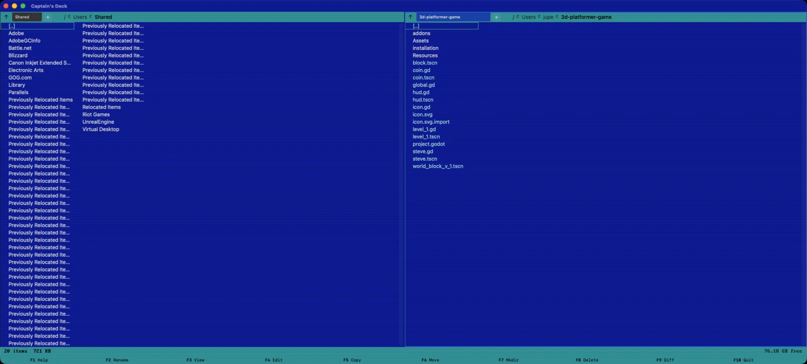 Captain's Deck in the Norton Commander theme — classic 1989 DOS blue panels with cyan text and teal headers